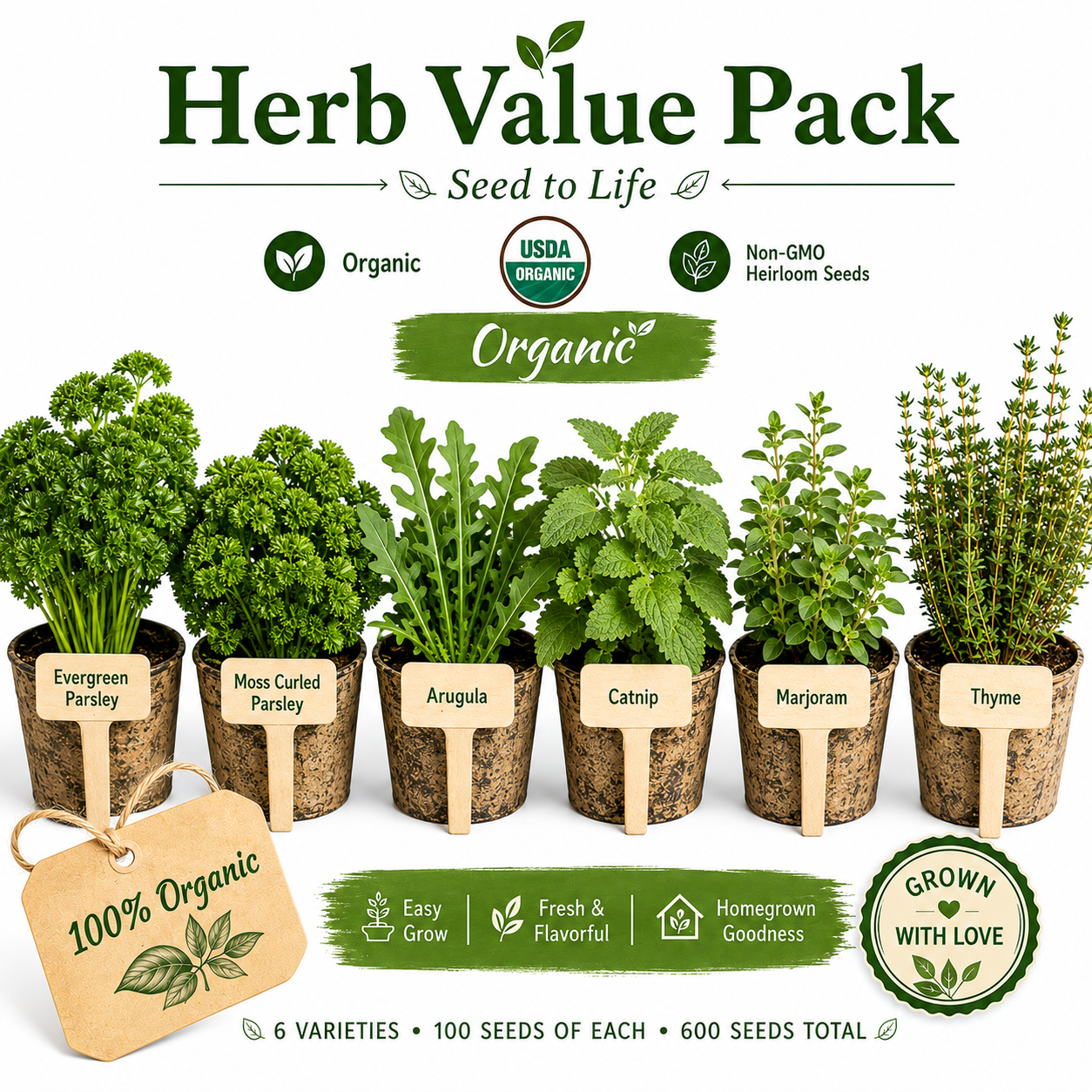 Organic Herb Value Pack- 100 seeds of Six Herbs